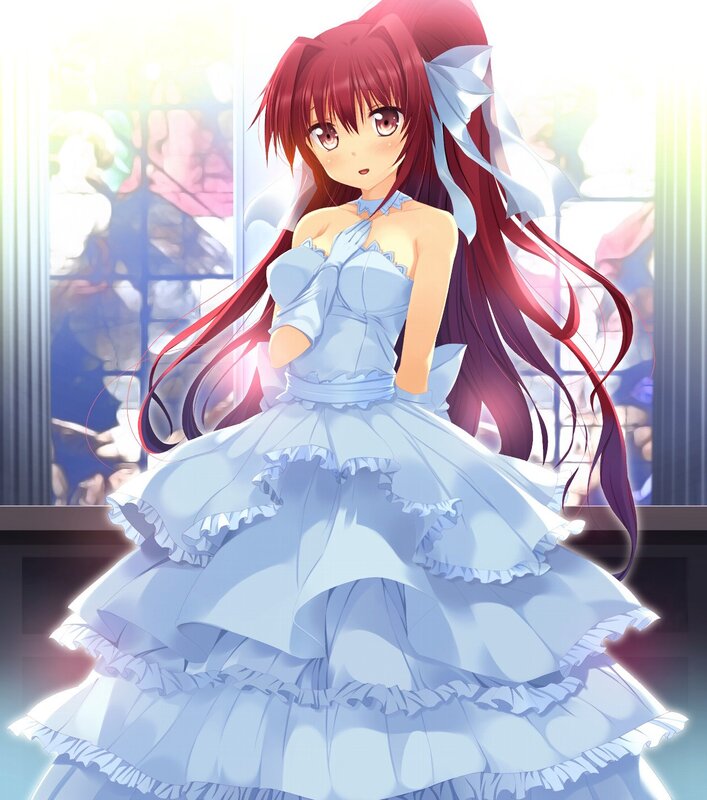 red-haired girl in a blue dress