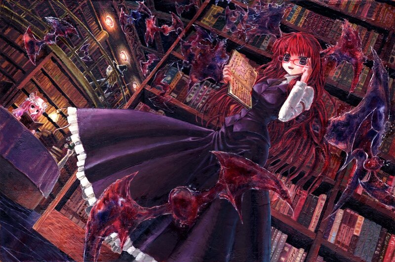 Red-haired girl in a library with bats