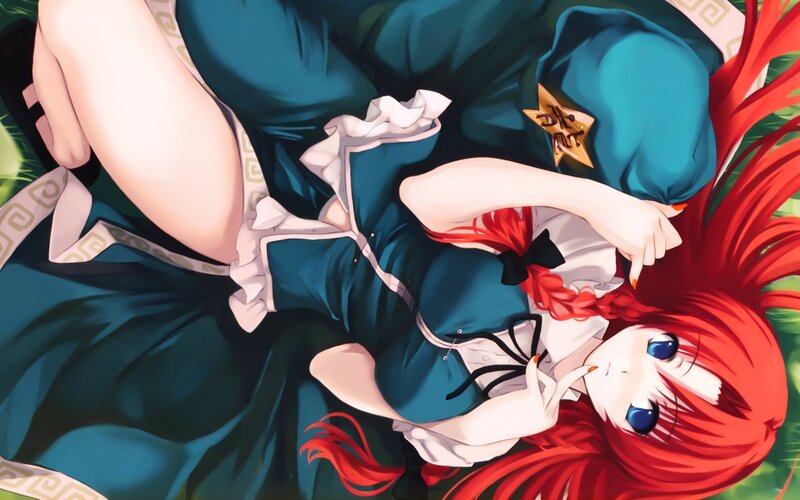 red-haired girl in blue dress