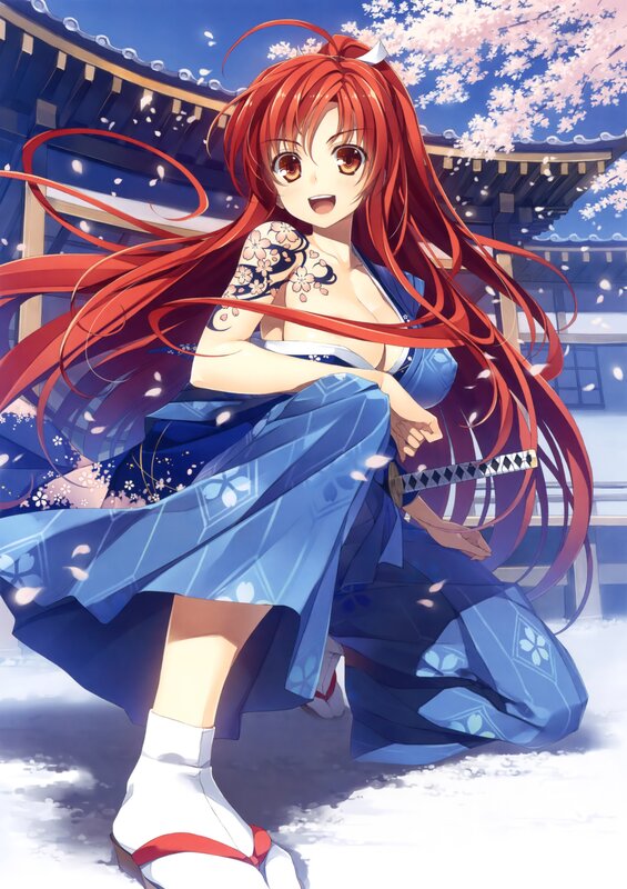 Red-haired girl in blue kimono