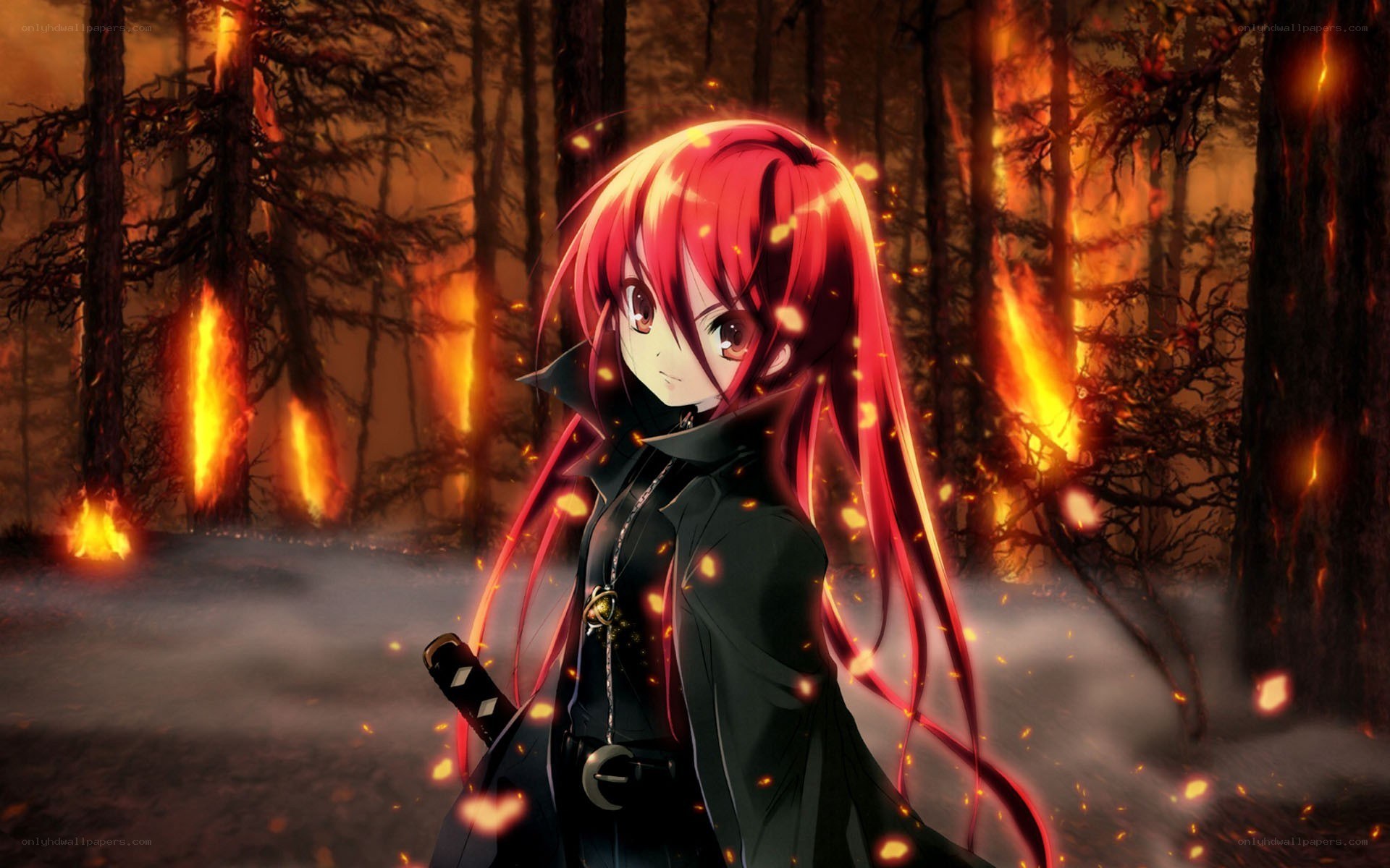 red-haired girl in burning forest