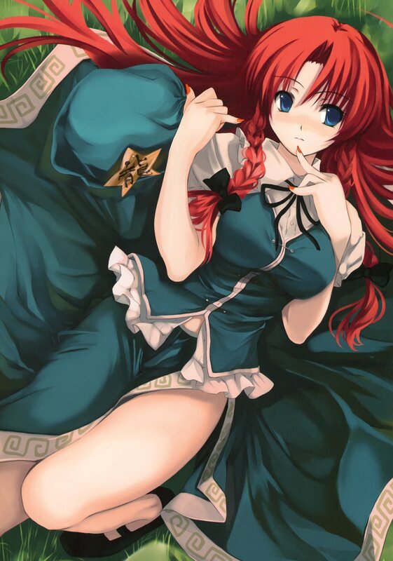 Red-haired Girl in Dress — Red, Playful, Anime, Grass