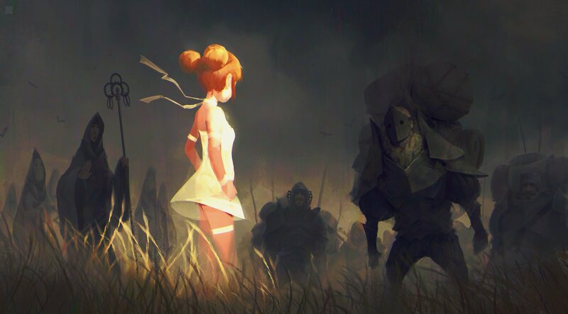Red-haired Girl in Field — Yellow, Dramatic