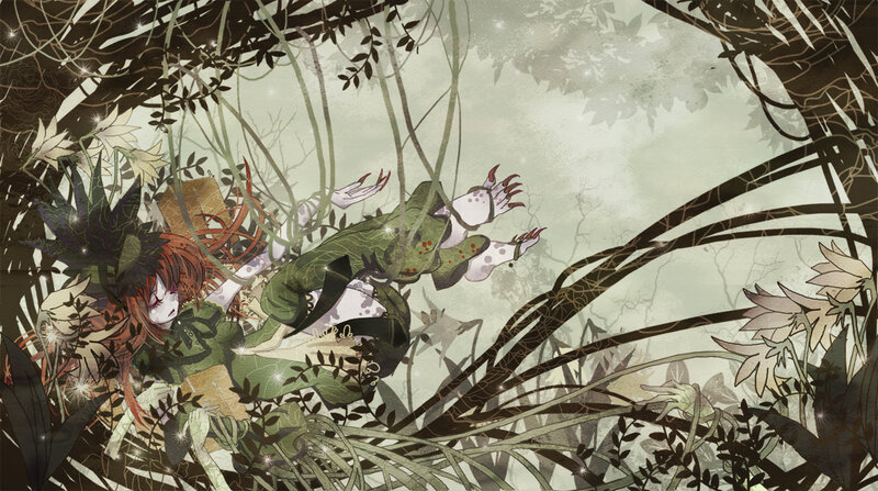Red-haired Girl in Forest — Green, Dramatic, Manga