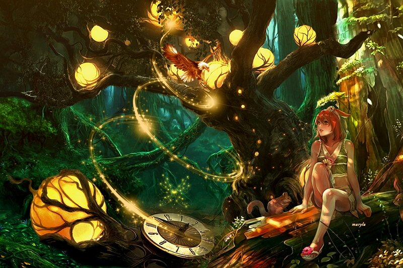 Red-haired Girl in Forest — Green, Magical