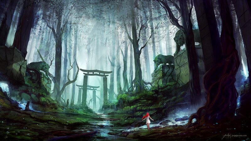 Red-haired Girl in Forest — Green, Serene, Morning, Digital Art, Stream