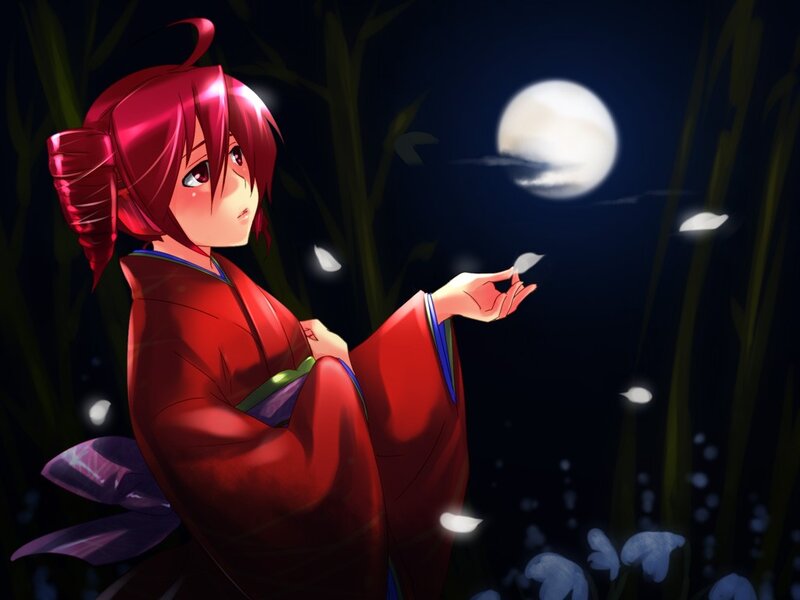 red-haired girl in kimono under moonlight