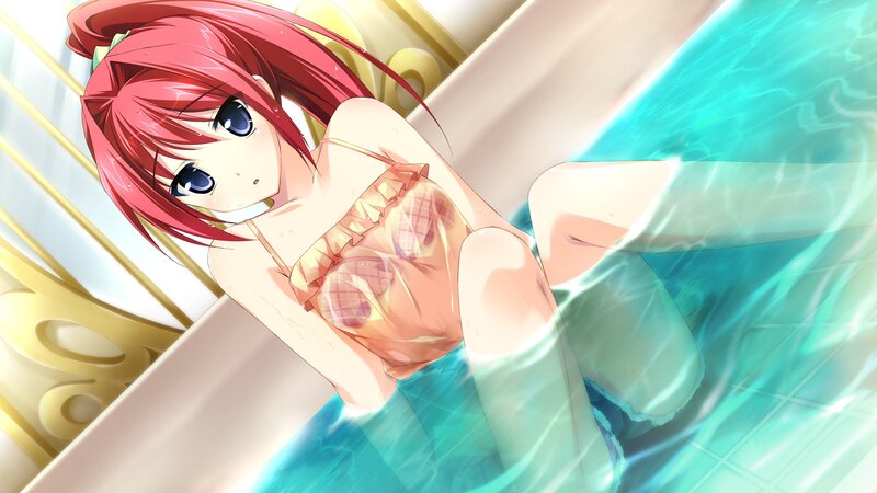 Red-haired Girl in Pool — Blue, Calm, Anime