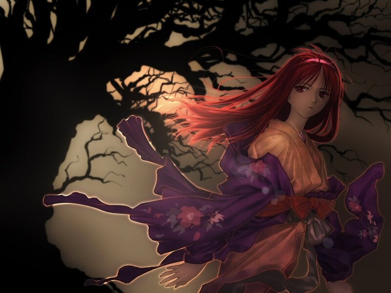 red-haired girl in purple kimono