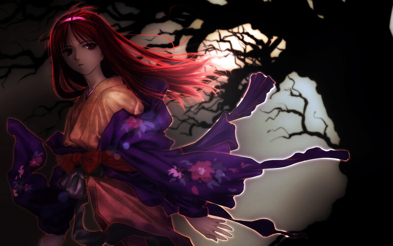 red-haired girl in purple kimono