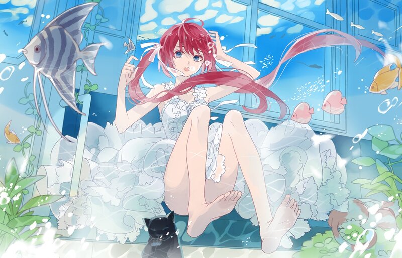 Red-haired girl in underwater scene