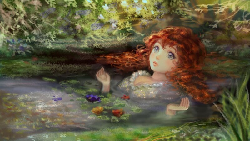 Red-haired Girl in Water — Green, Serene