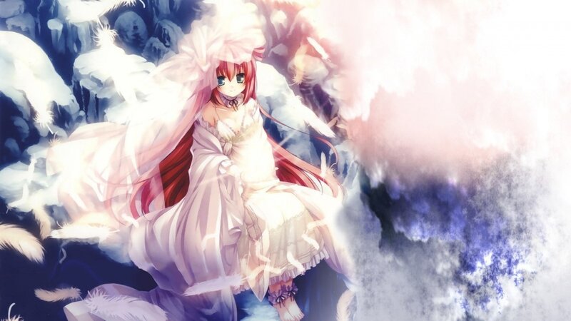 Red-haired Girl in White Dress — Dramatic, Anime, Feathers, Clouds