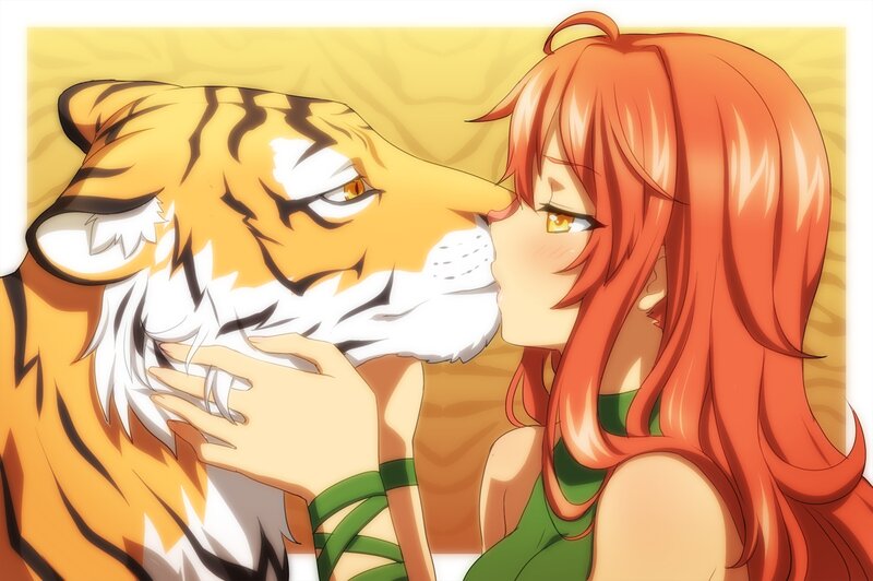 Red-haired Girl Kissing Tiger
