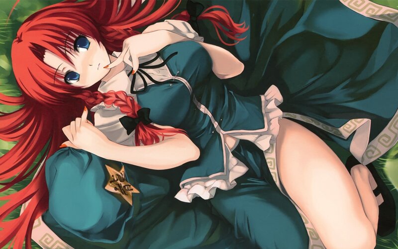 Red-haired Girl Lying Down — Red, Calm, Afternoon, Anime, Grass, Dress, Braid, Green
