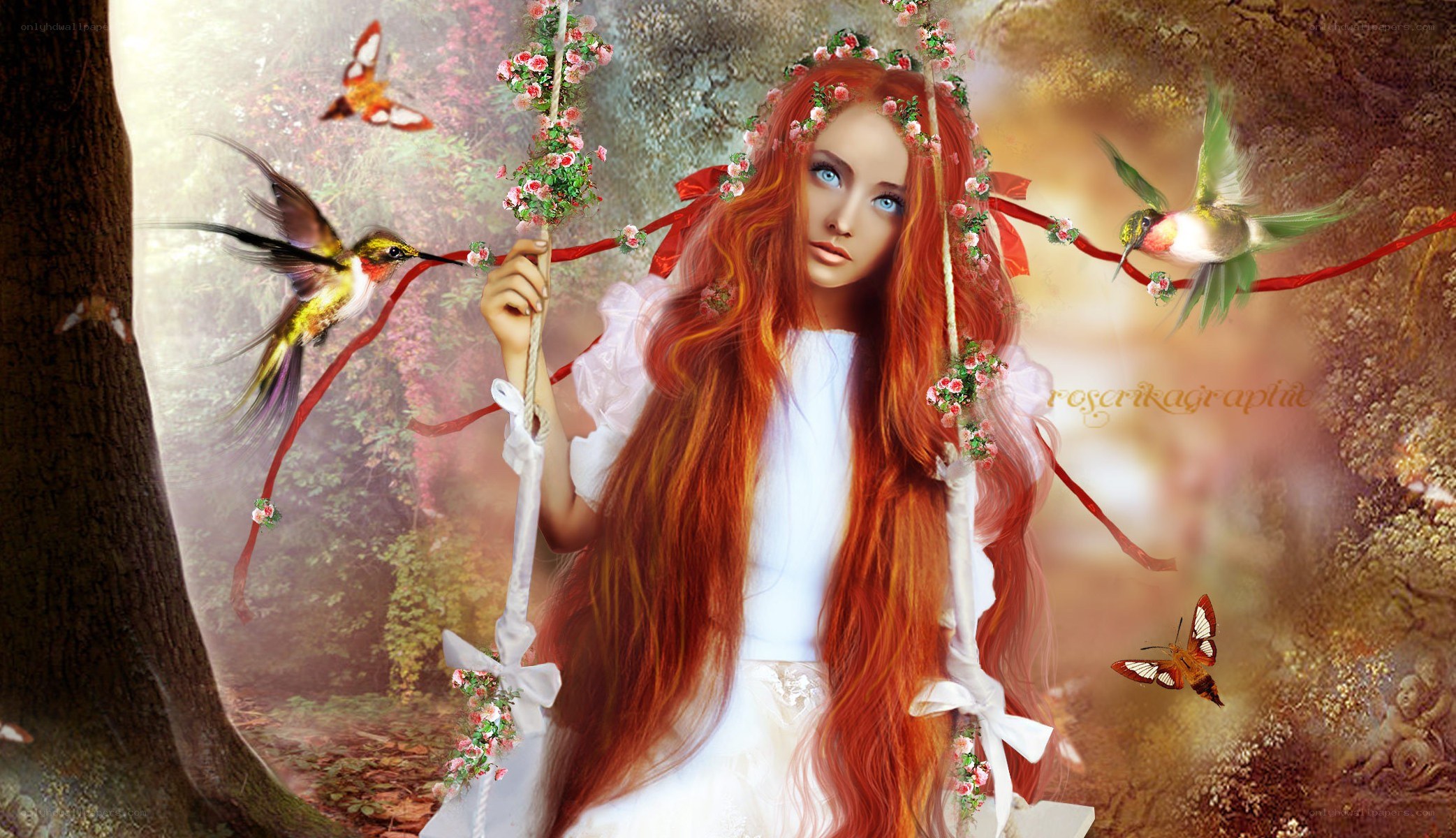 Red-haired girl on a swing