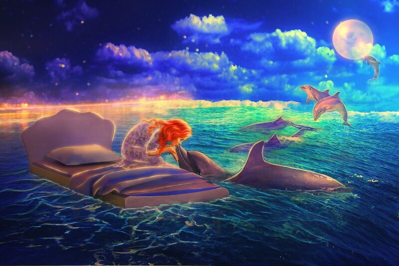 Red-haired Girl on Bed — Blue, Dreamy