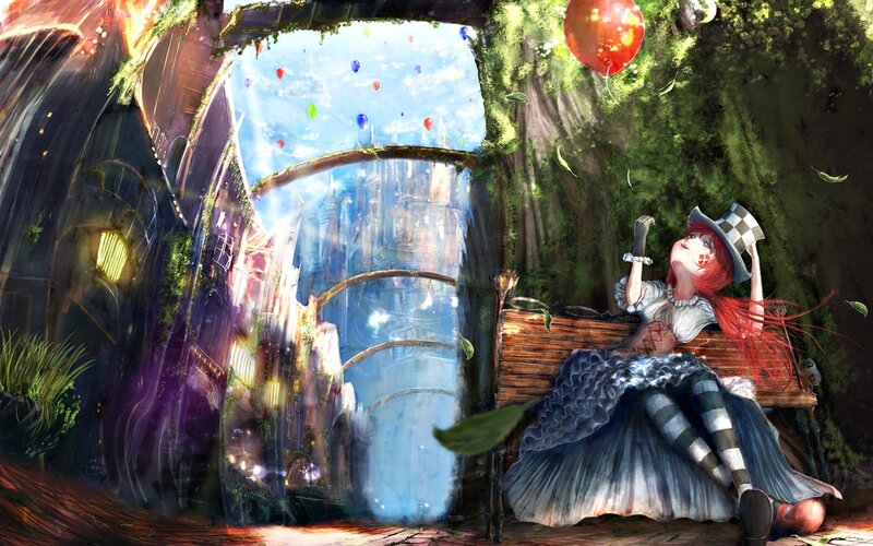 Red-haired Girl on Bench — Green
