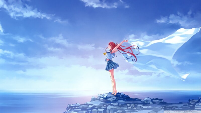 Red-haired Girl on Cliff — Blue, Serene