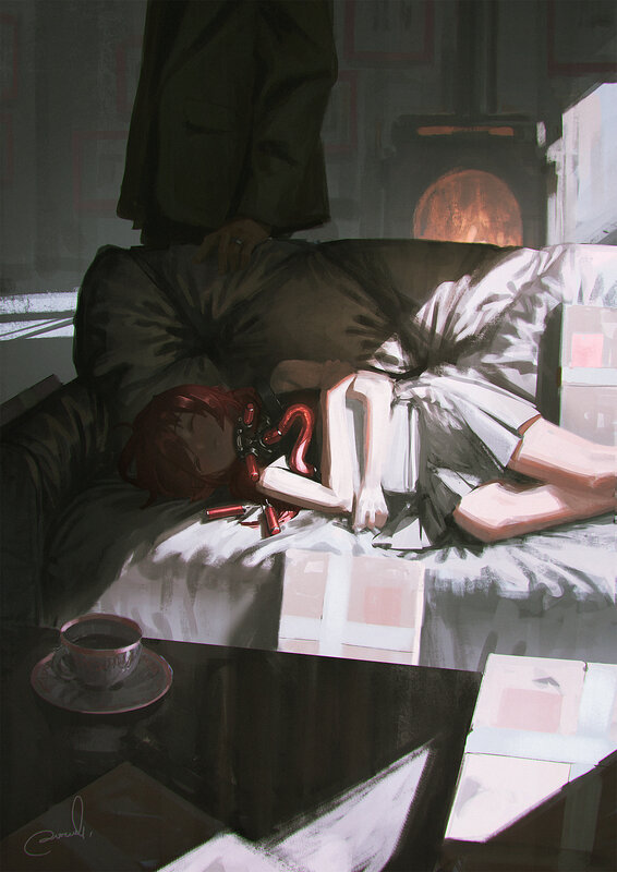 Red-haired Girl on Couch — Gray