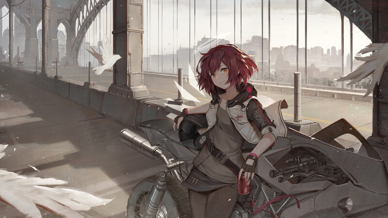 Red-haired Girl on Motorcycle — Gray