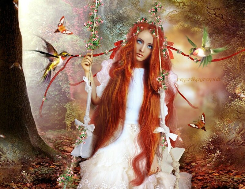 Red-haired Girl on Swing — White