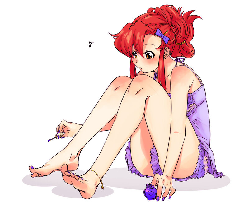 red-haired girl painting toenails