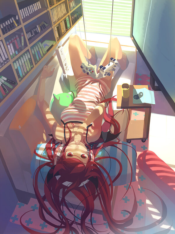 Red-haired girl playing video games