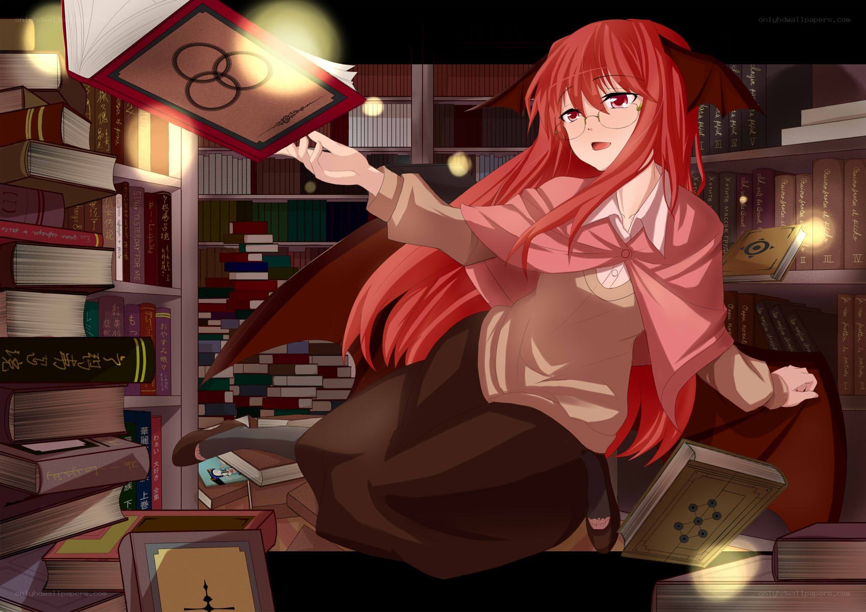 Red-haired girl reading in library