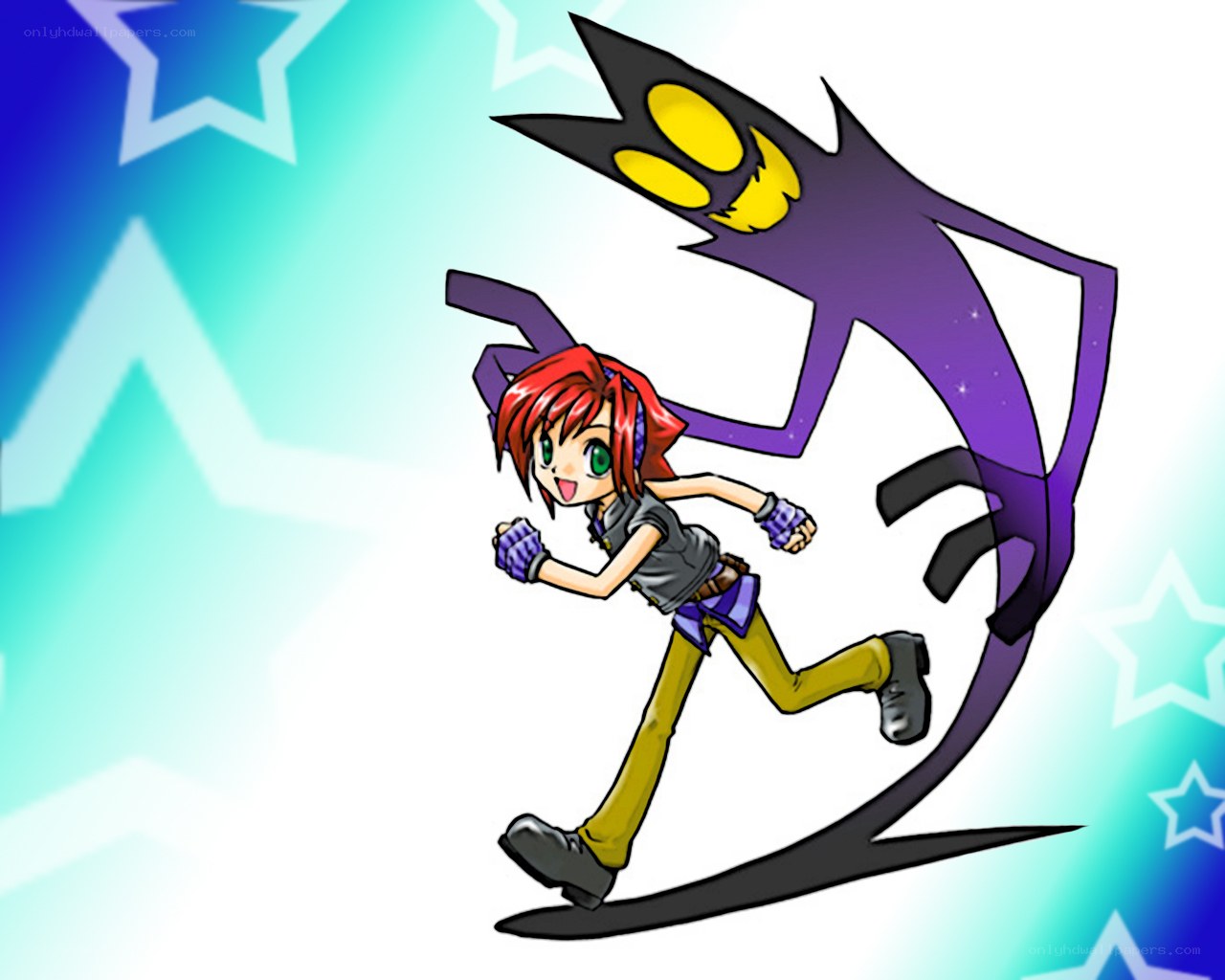 red-haired girl running with shadow creature
