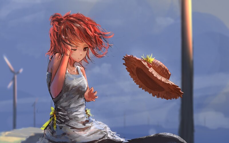 Red-haired Girl Sitting — Blue, Calm