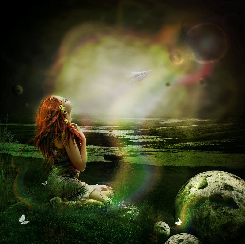 Red-haired Girl Sitting — Green, Dreamy