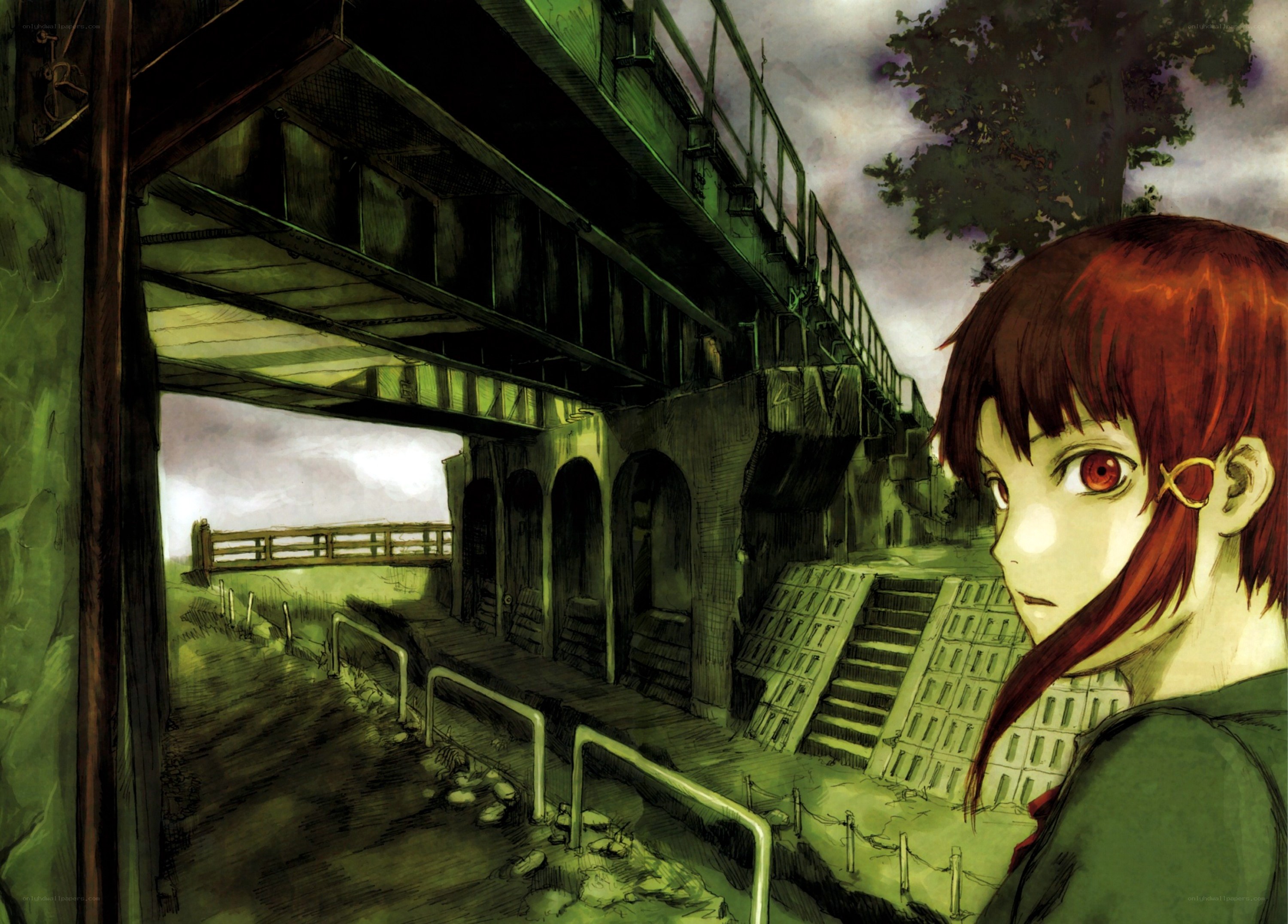 Red-haired girl under a bridge