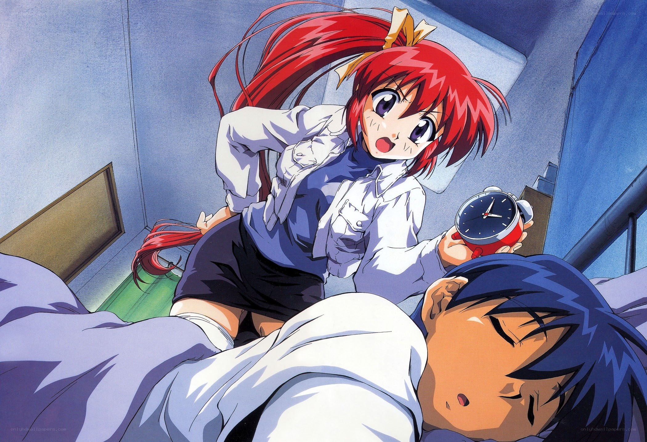 Red-haired girl waking boy