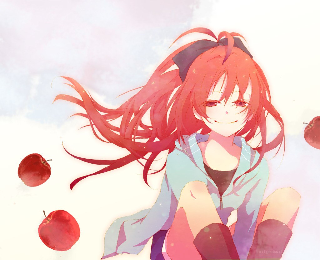 red-haired girl with apples