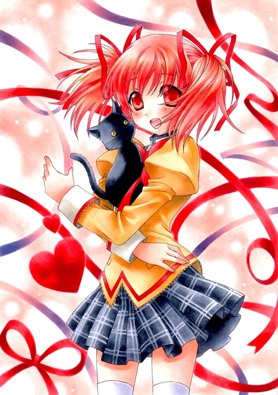 Red-haired girl with black cat