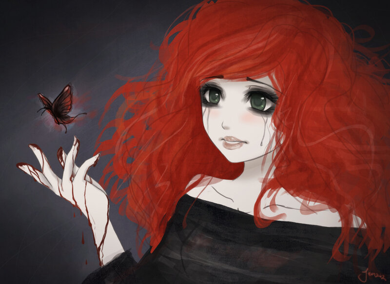 Red-haired girl with blood and butterfly