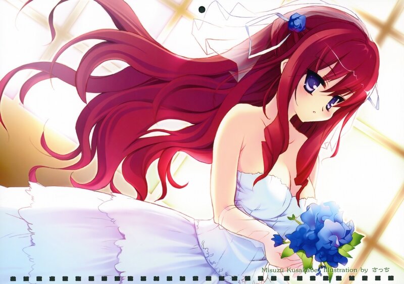red-haired girl with blue flowers