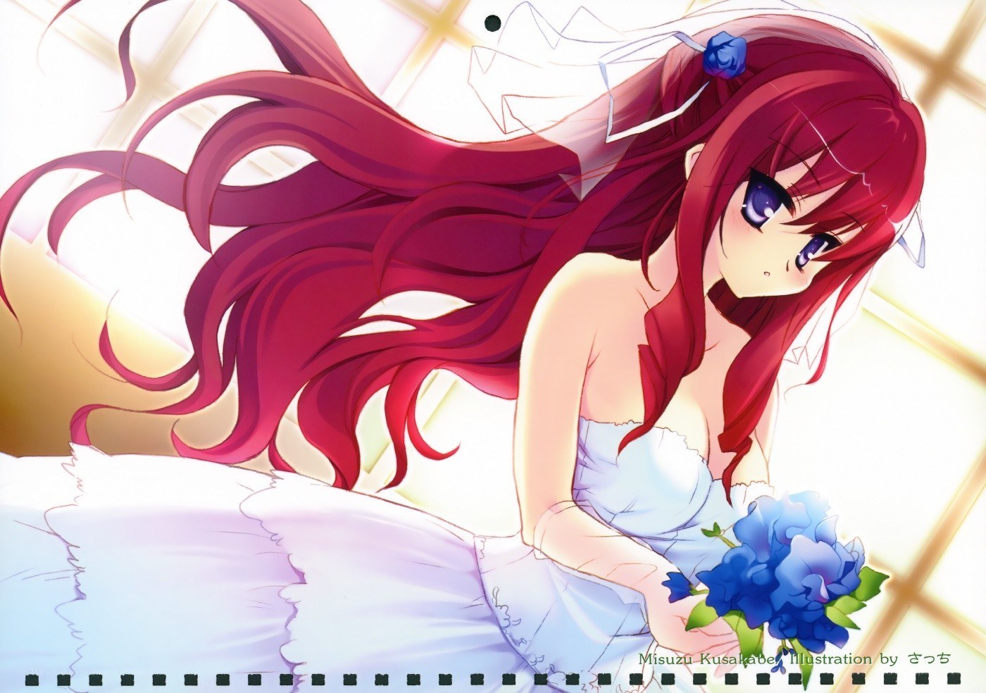red-haired girl with blue flowers