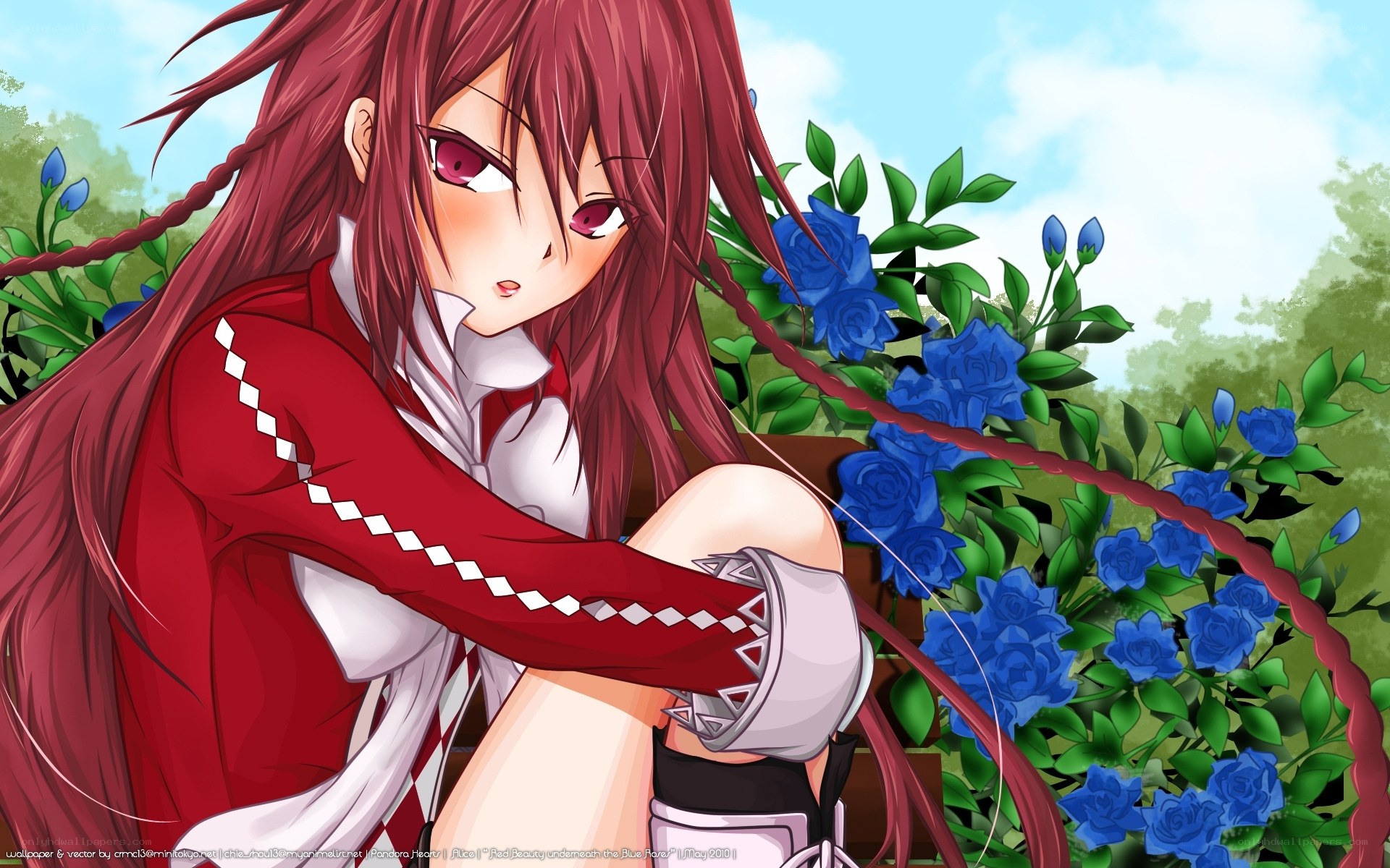 red-haired girl with blue roses