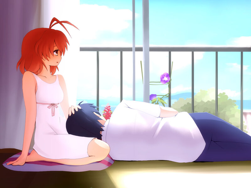 Red-haired Girl with Boy — White