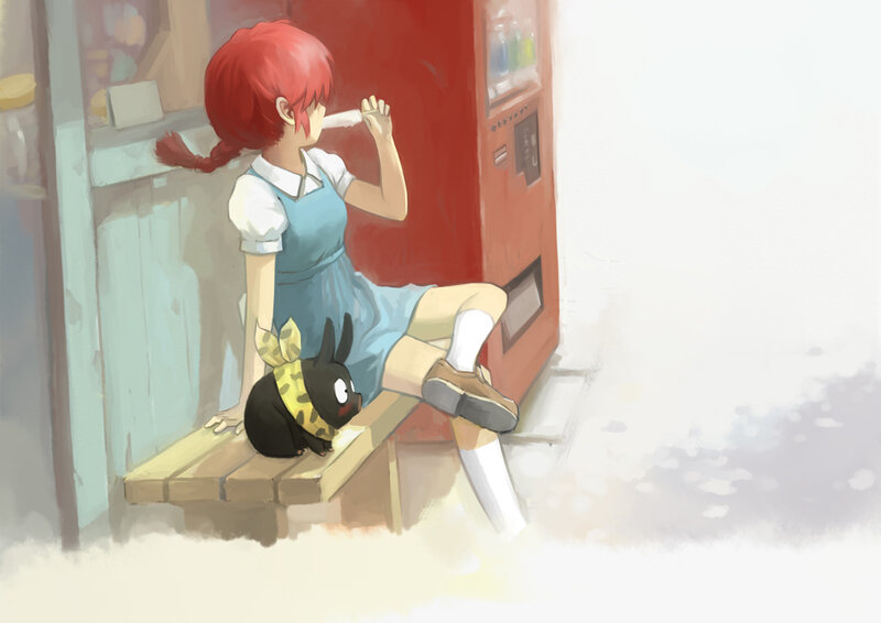 Red-haired girl with bunny at vending machine