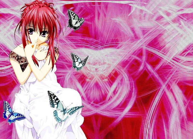 red-haired girl with butterflies
