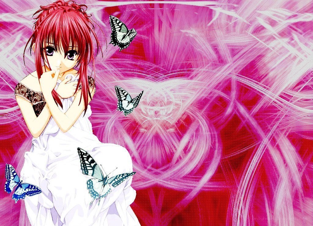 red-haired girl with butterflies