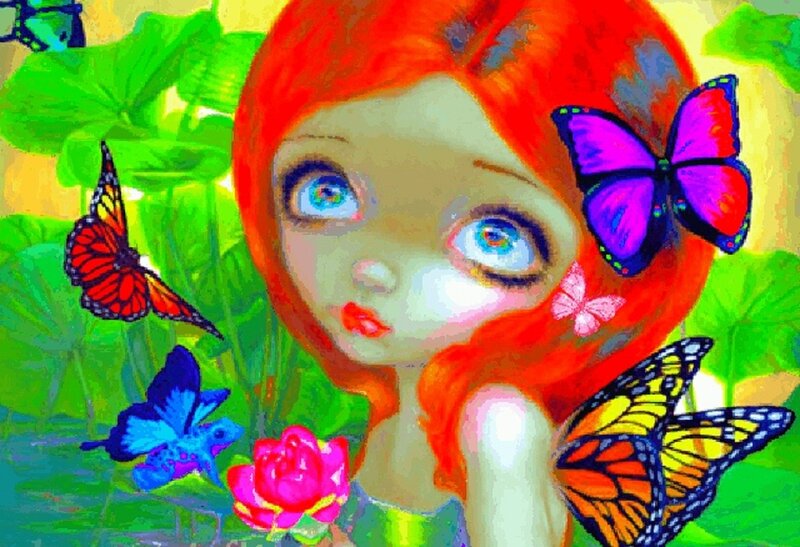 Red-haired Girl with Butterflies — Red, Whimsical