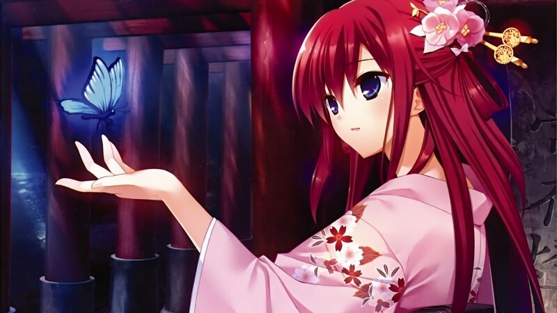 Red-haired Girl with Butterfly — Pink, Serene, Night, Anime