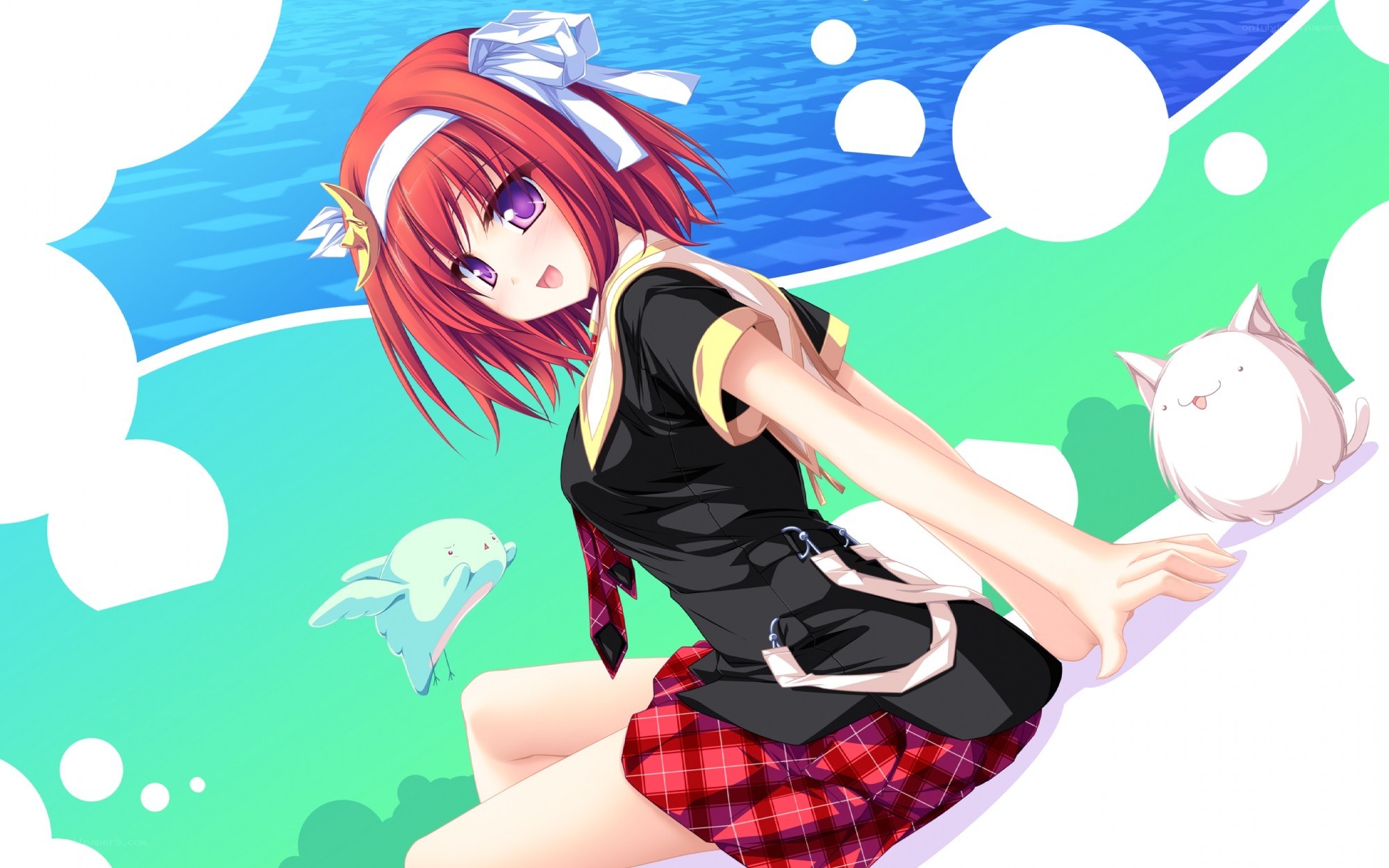 red-haired girl with cat and bird