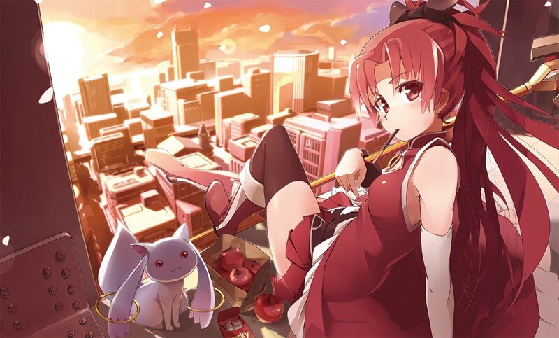 Red-haired girl with cat at sunset