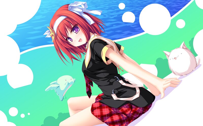 Red-haired Girl with Cat — Blue, Playful, Anime