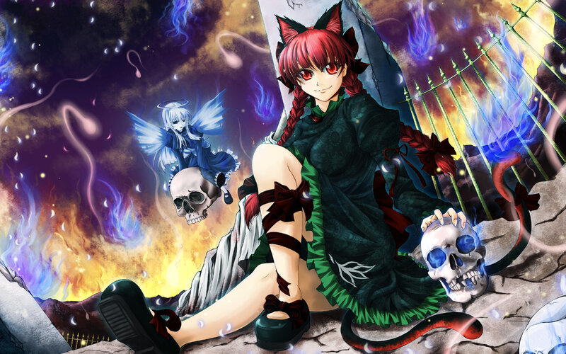 Red-haired girl with cat ears in a dark scene